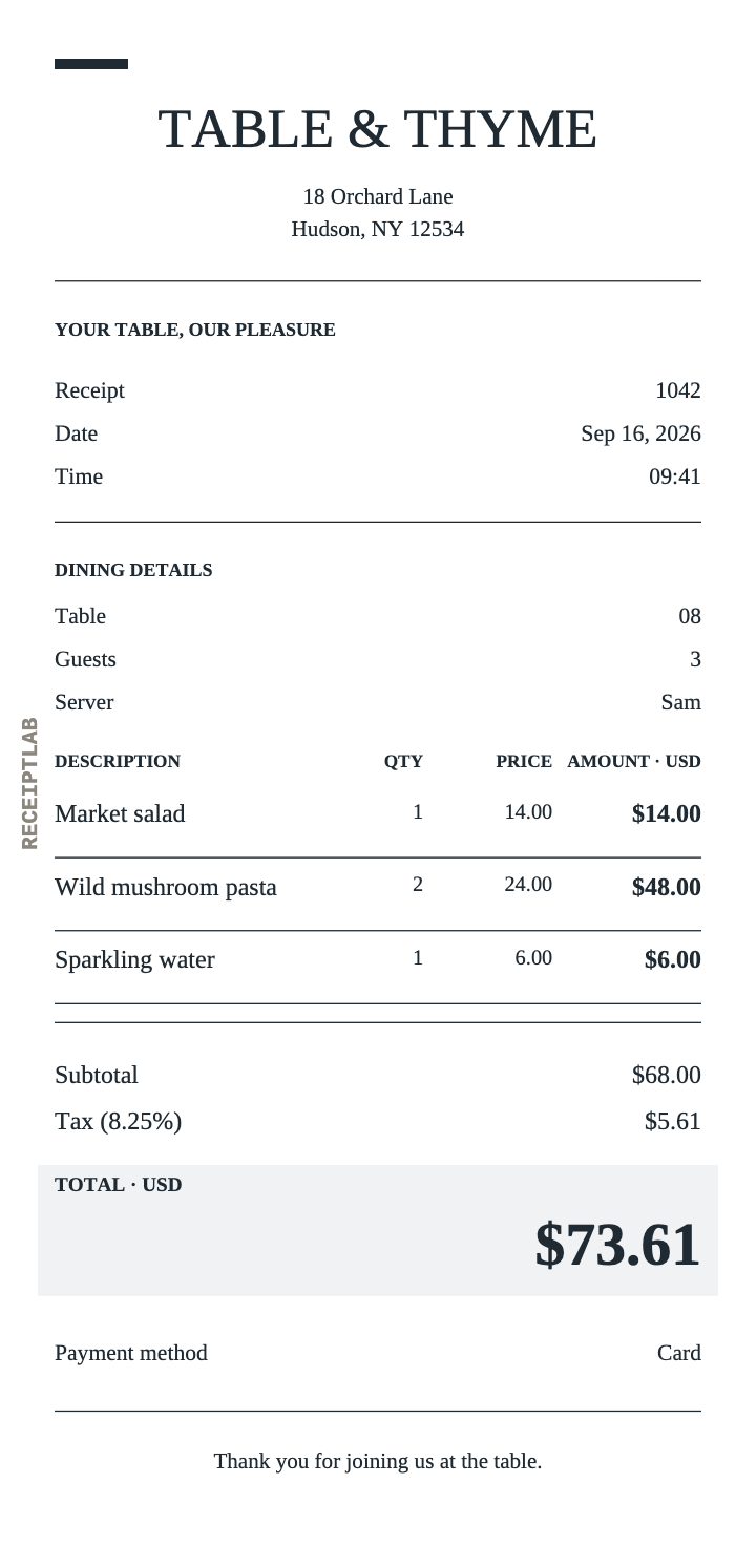 Restaurant receipt template example with itemized purchases and calculated totals