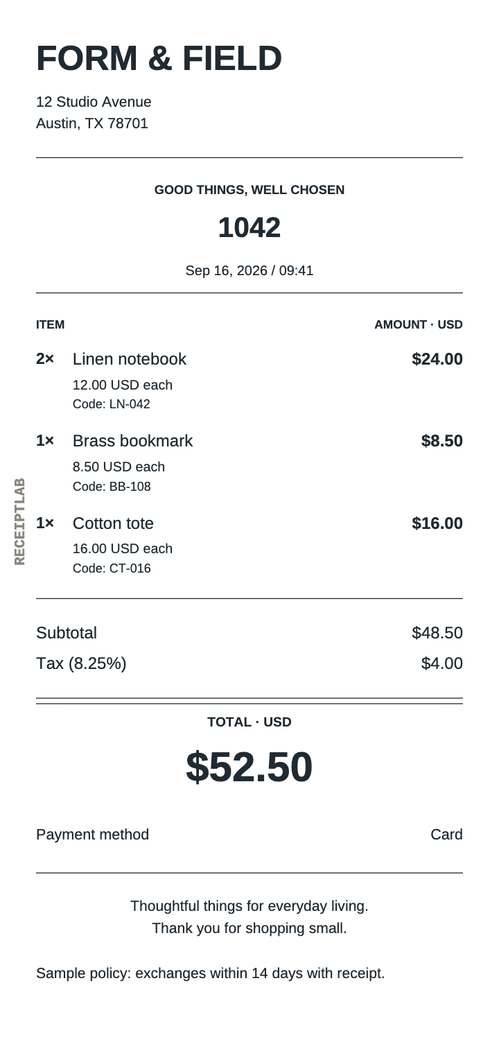 Original retail receipt for Form & Field with itemized purchases