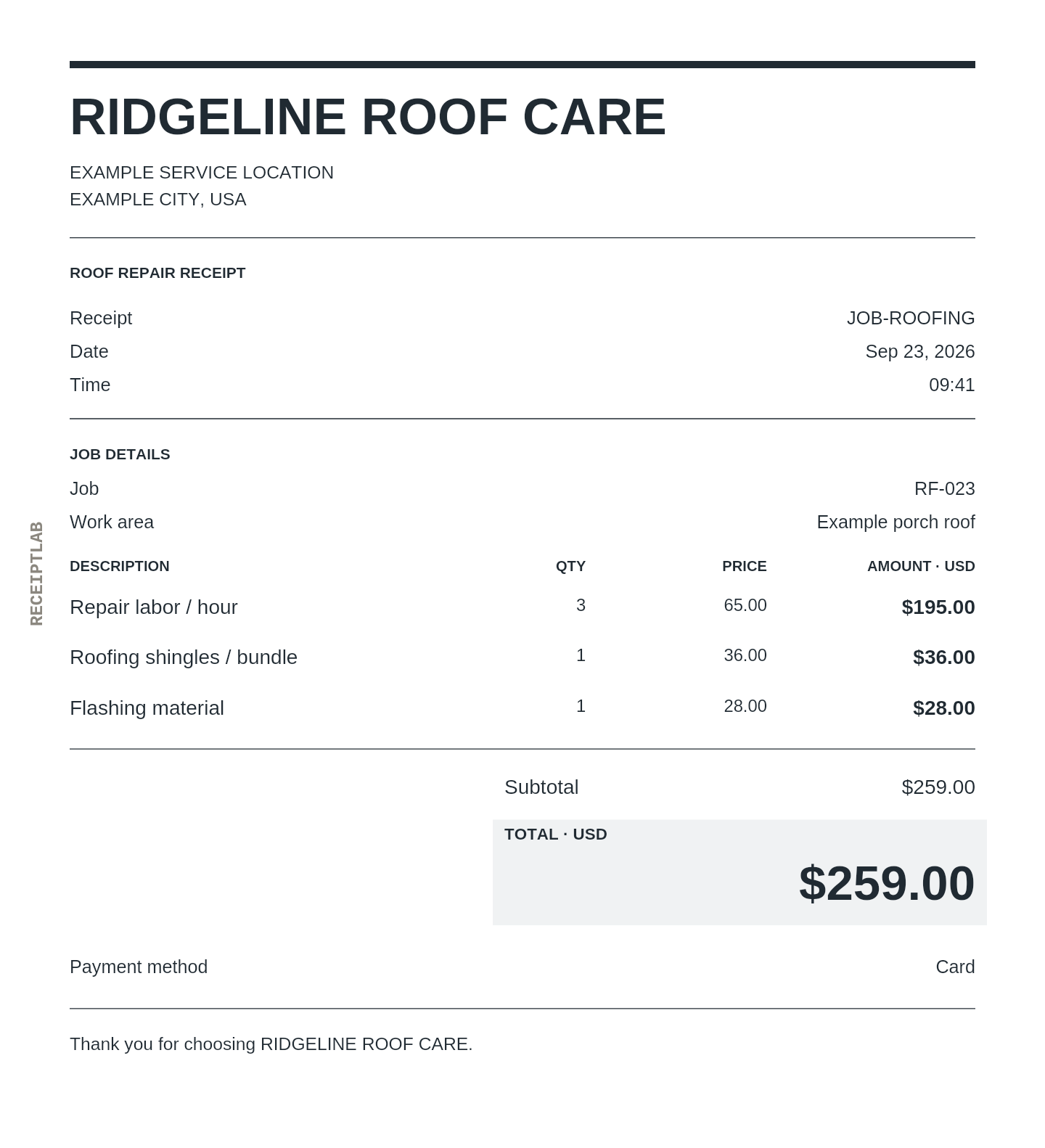 Roof repair receipt template example with itemized purchases and calculated totals