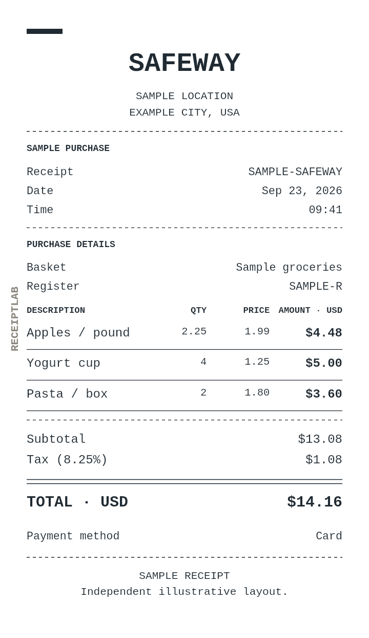 Safeway receipt template — sample example with itemized purchases and calculated totals