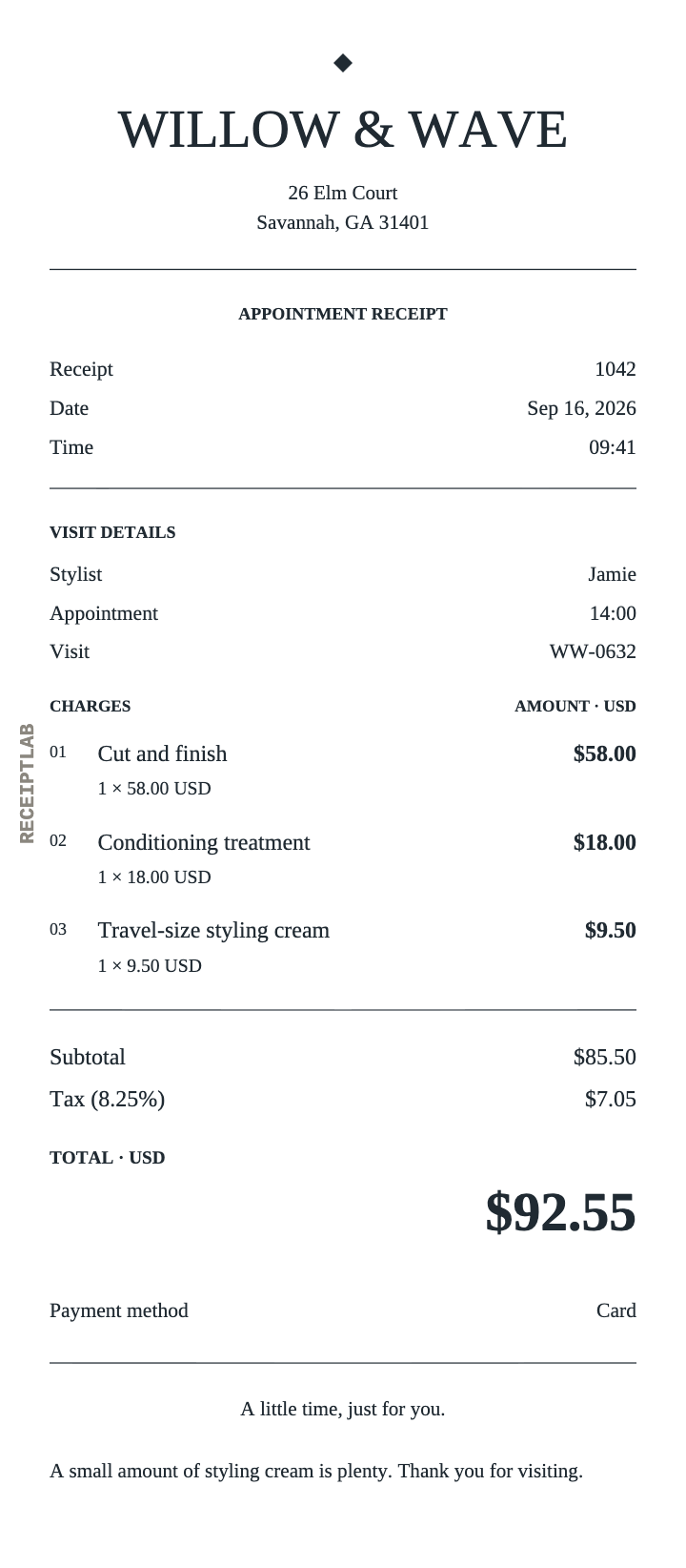 Salon receipt template example with itemized purchases and calculated totals