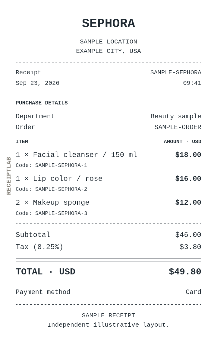 Sephora receipt template — sample example with itemized purchases and calculated totals