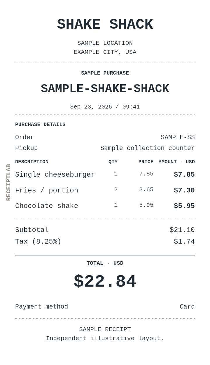 Shake Shack receipt template with itemized charges and calculated totals