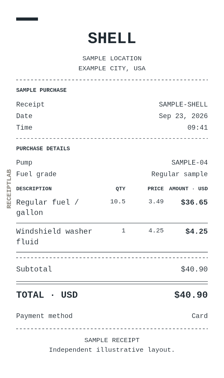 Shell receipt template — sample example with itemized purchases and calculated totals