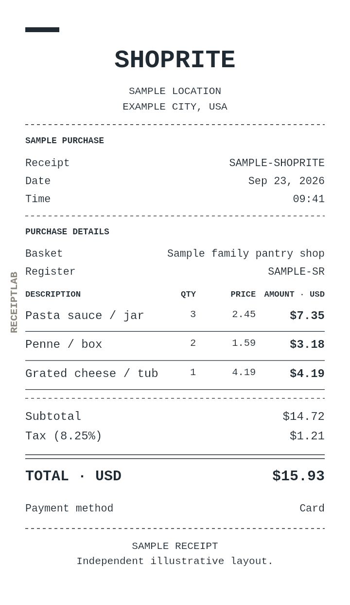 ShopRite receipt template with itemized charges and calculated totals