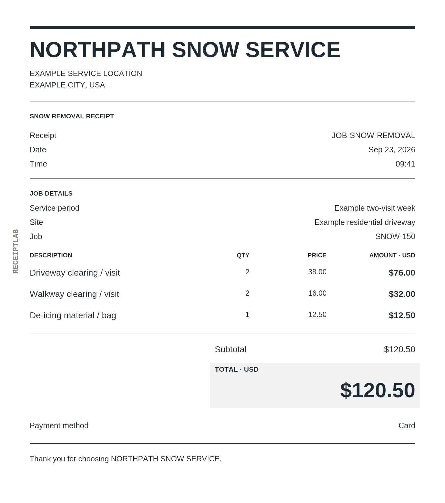 Snow removal receipt template with itemized charges and calculated totals