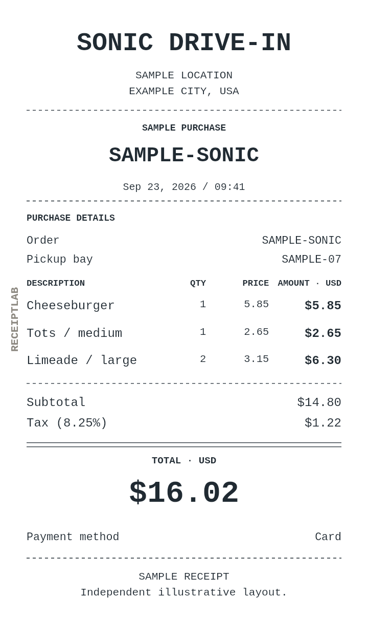 Sonic Drive-In receipt template with itemized charges and calculated totals