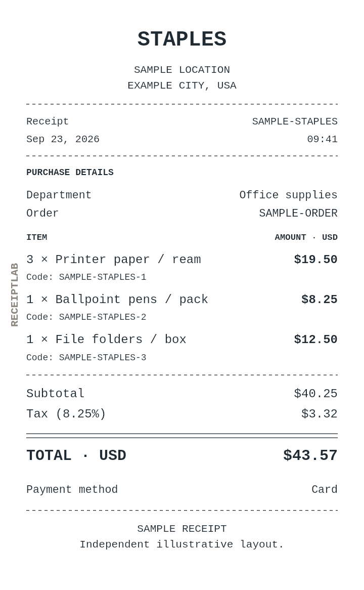 Staples receipt template with itemized charges and calculated totals