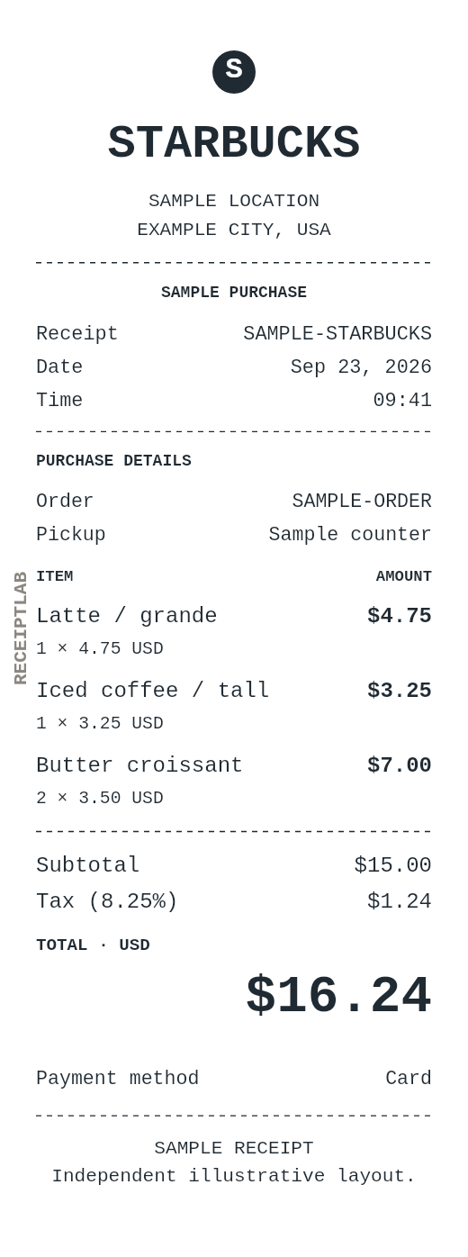 Starbucks receipt template — sample example with itemized purchases and calculated totals