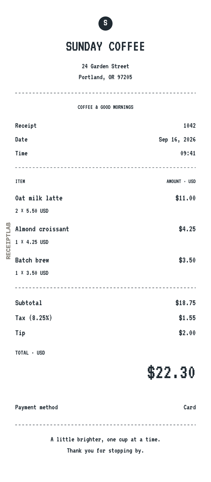 Completed café receipt with item amounts and calculated totals