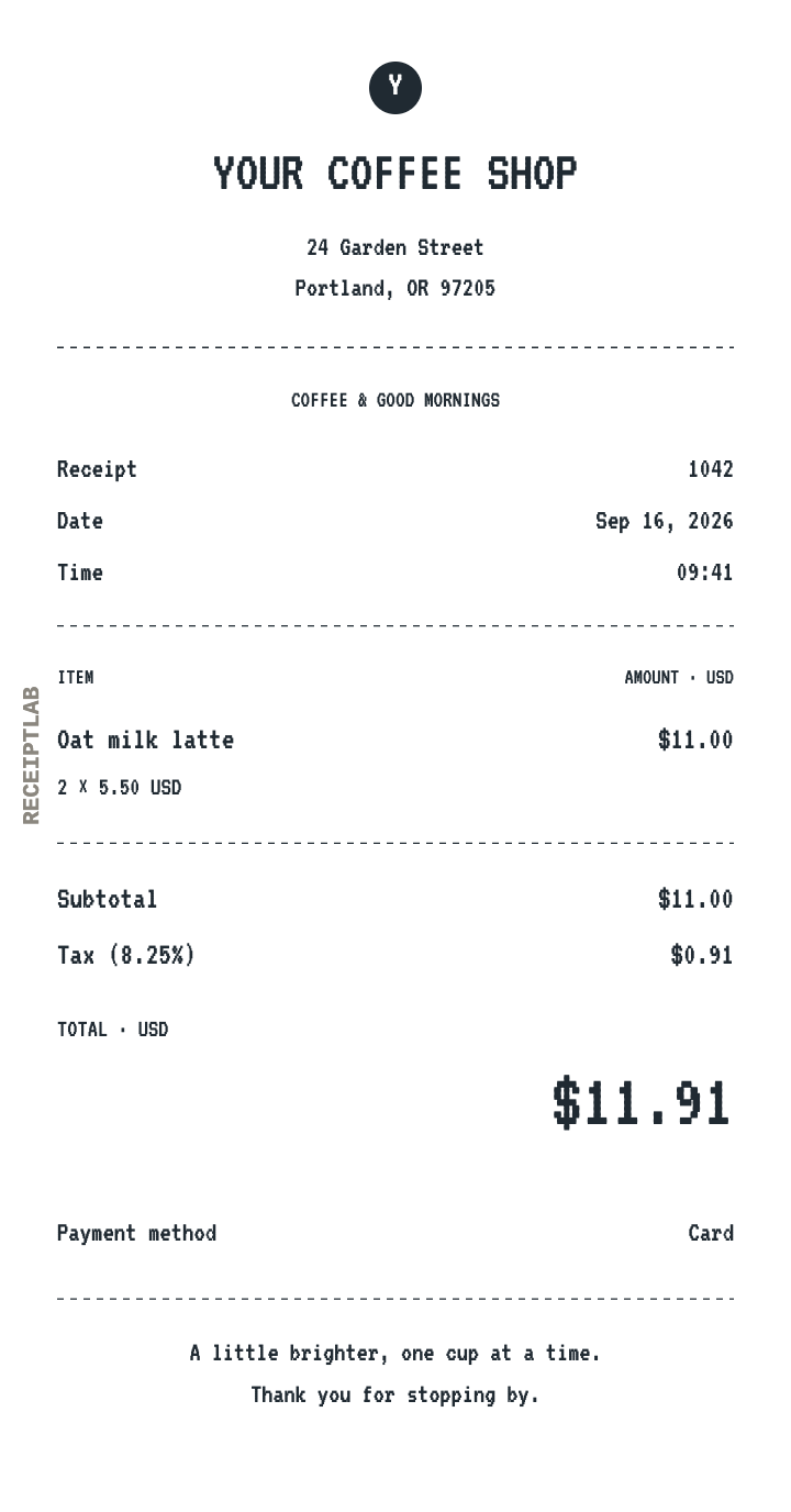 Café receipt sample before customization