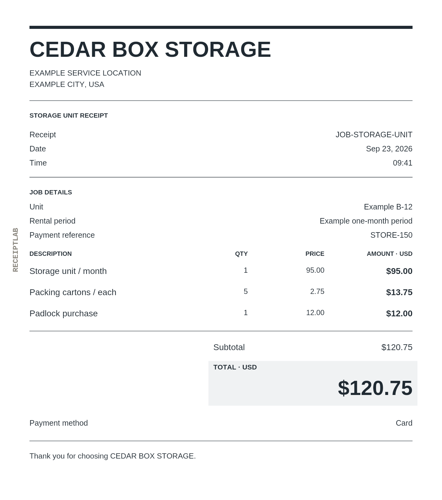 Storage unit receipt template with itemized charges and calculated totals
