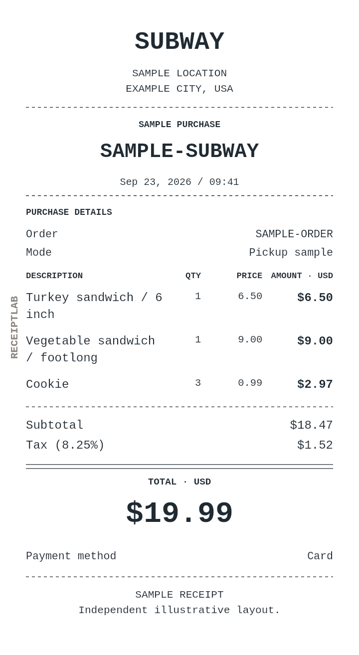 Subway receipt template with itemized charges and calculated totals