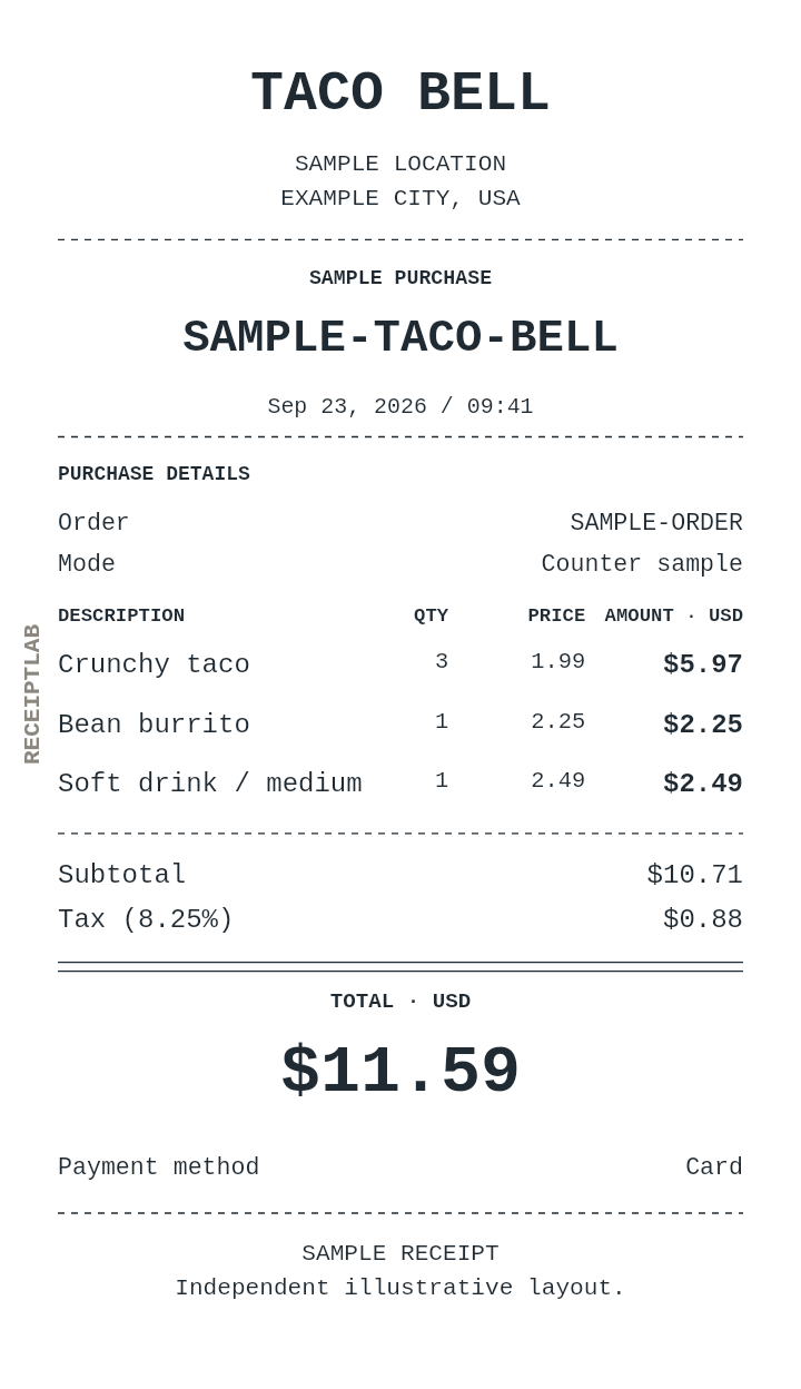 Taco Bell receipt template — sample example with itemized purchases and calculated totals