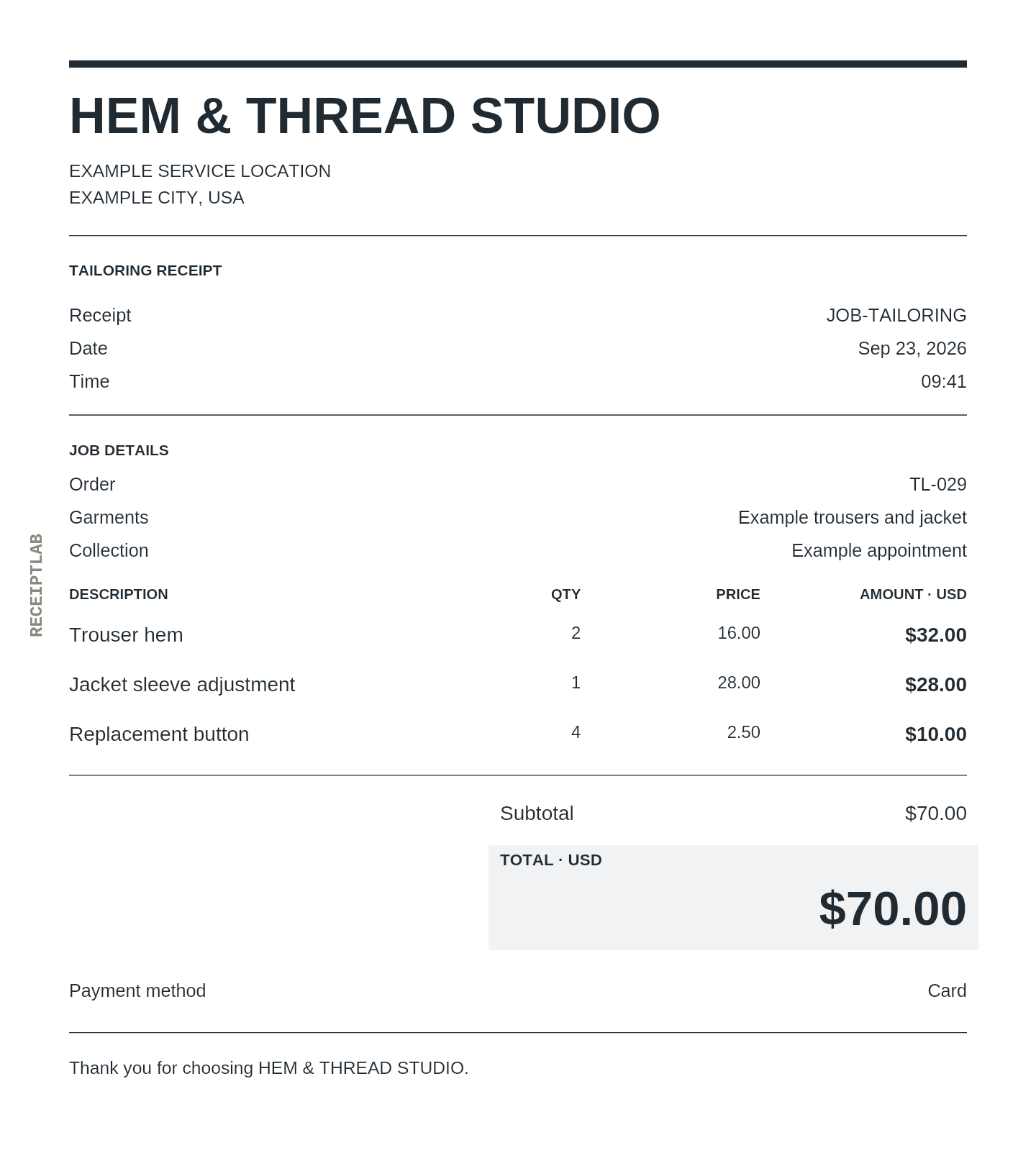 Tailoring receipt template with itemized charges and calculated totals