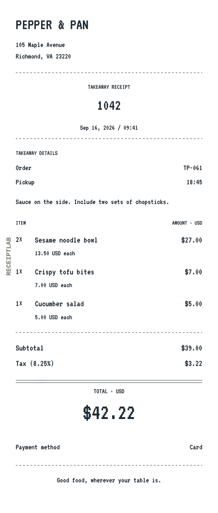 Takeaway receipt template example with itemized purchases and calculated totals