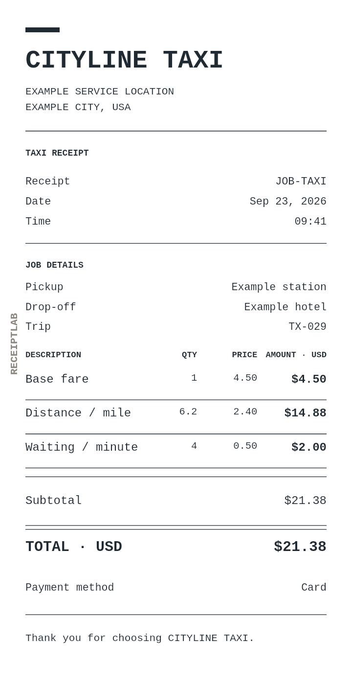 Taxi receipt template with itemized charges and calculated totals