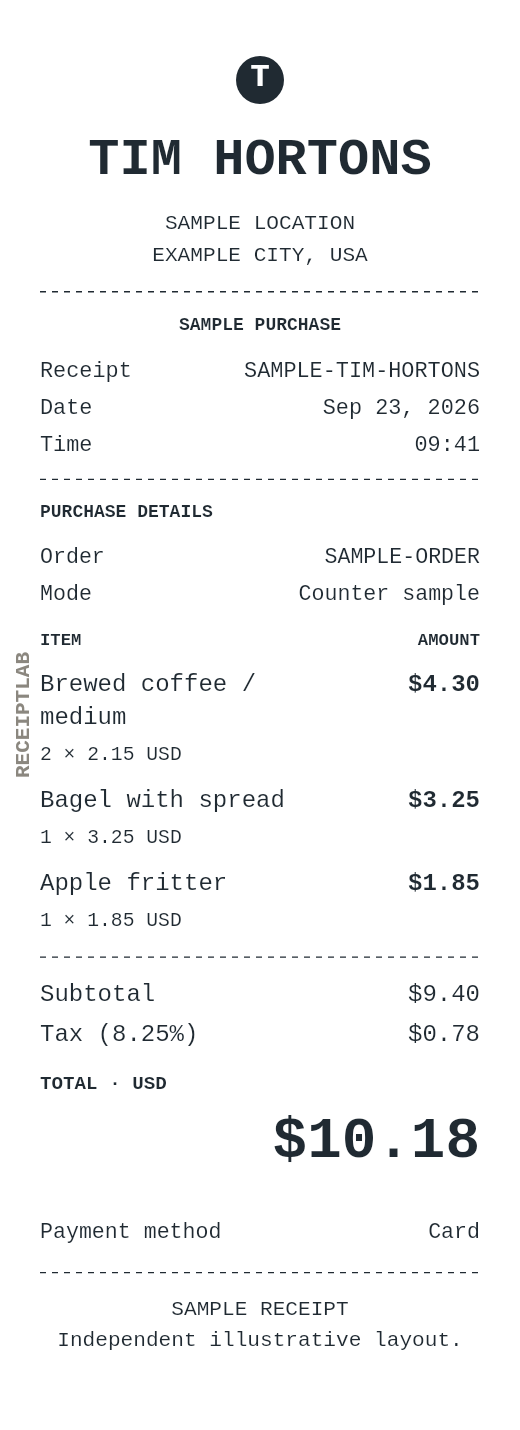 Tim Hortons receipt template — sample example with itemized purchases and calculated totals
