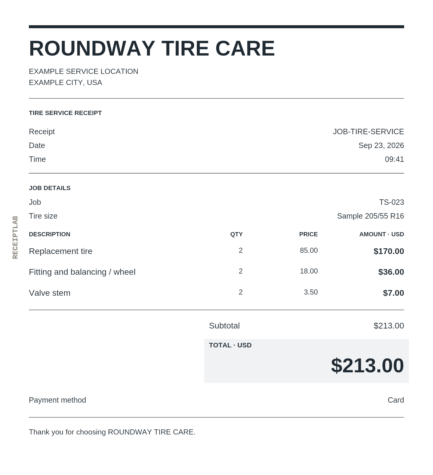 Tire service receipt template example with itemized purchases and calculated totals