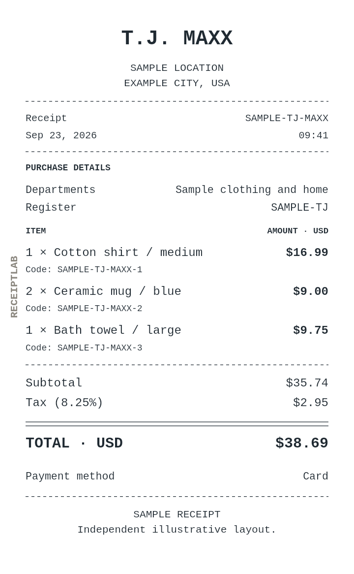 T.J. Maxx receipt template — sample example with itemized purchases and calculated totals