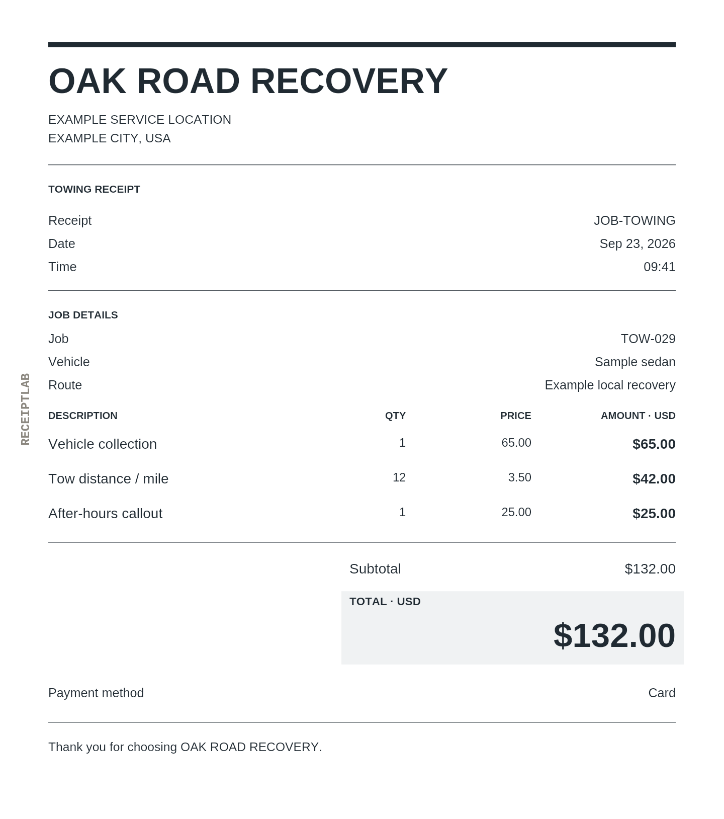 Towing receipt template with itemized charges and calculated totals