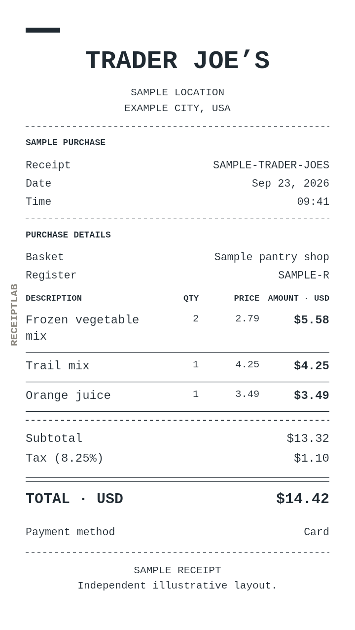 Trader Joe’s receipt template — sample example with itemized purchases and calculated totals