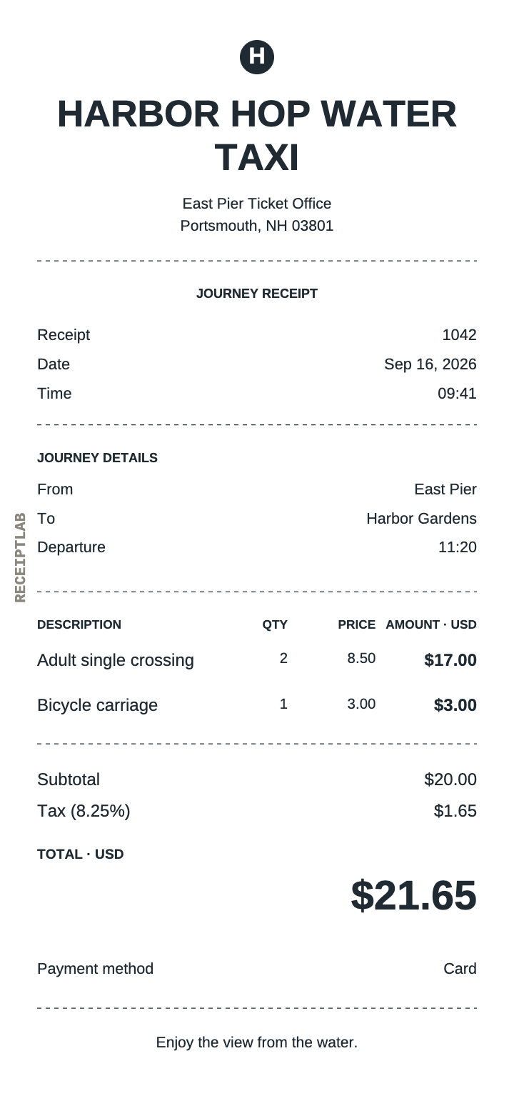 Transport receipt template example with itemized purchases and calculated totals