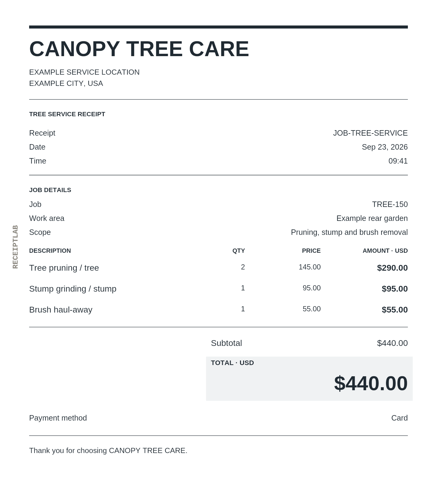 Tree service receipt template example with itemized purchases and calculated totals