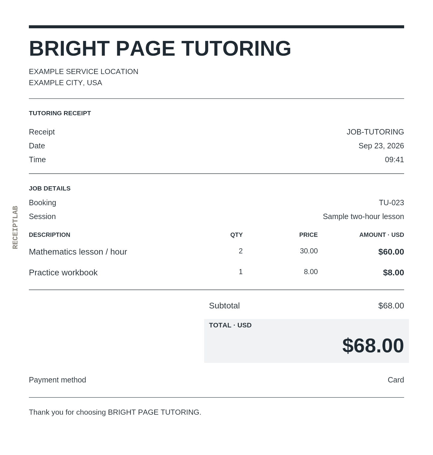 Tutoring receipt template with itemized charges and calculated totals