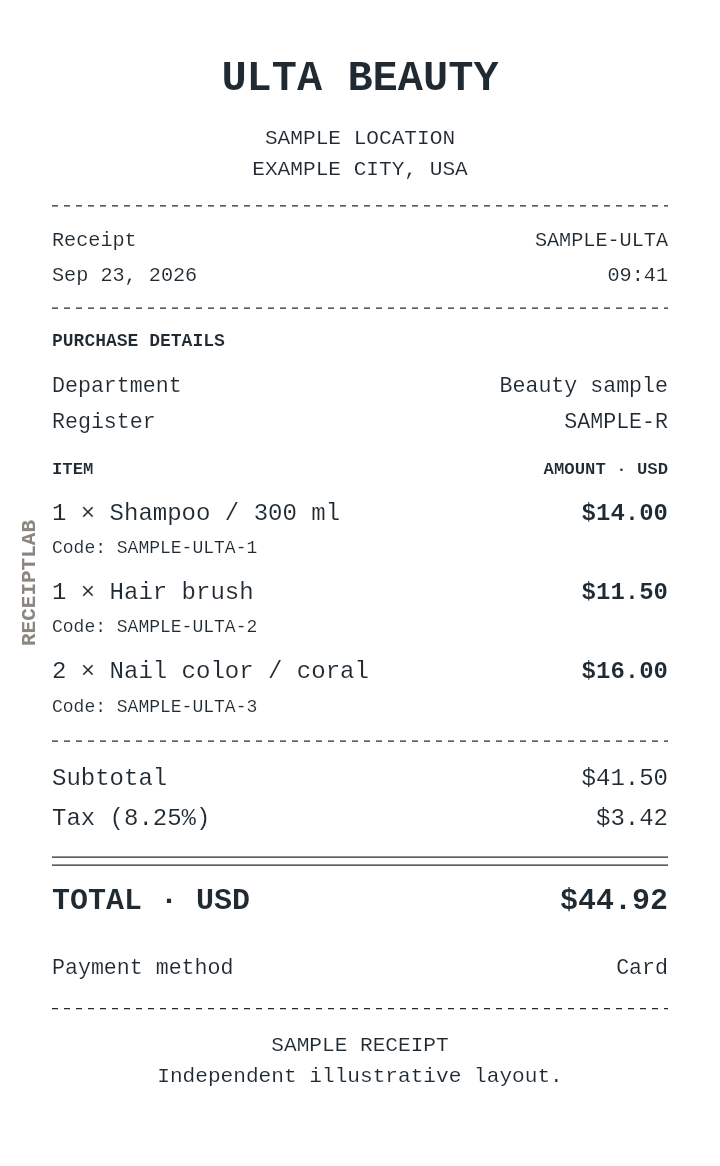 Ulta Beauty receipt template with itemized charges and calculated totals