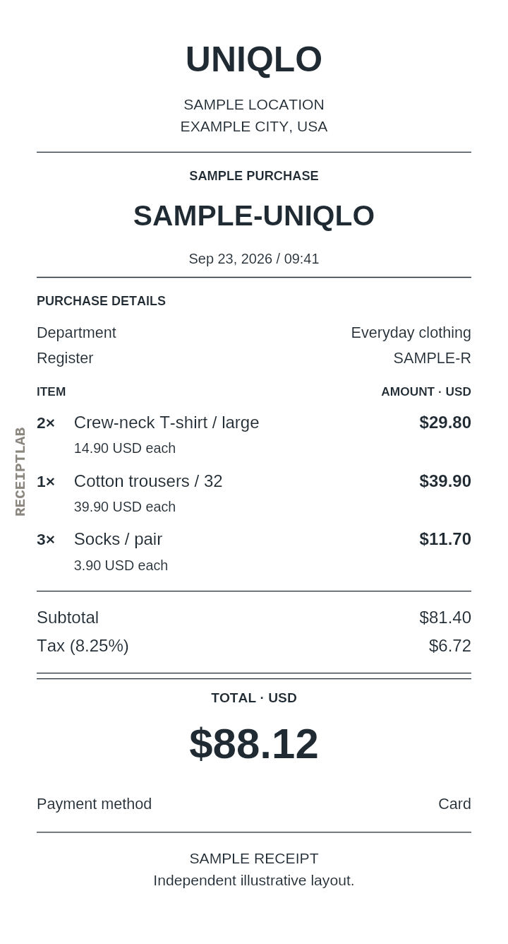 Uniqlo receipt template — sample example with itemized purchases and calculated totals