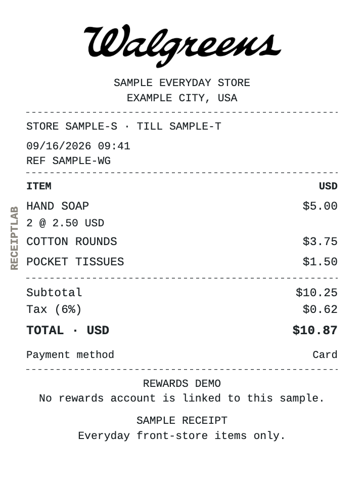 Walgreens receipt template — sample example with itemized purchases and calculated totals