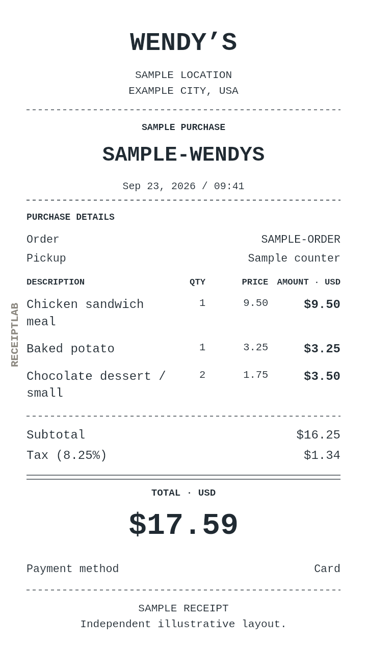 Wendy’s receipt template — sample example with itemized purchases and calculated totals