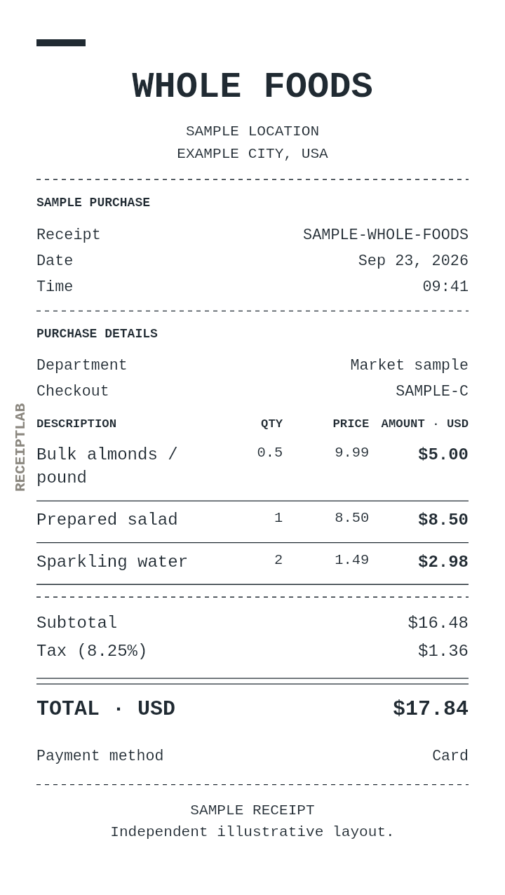 Whole Foods receipt template — sample example with itemized purchases and calculated totals
