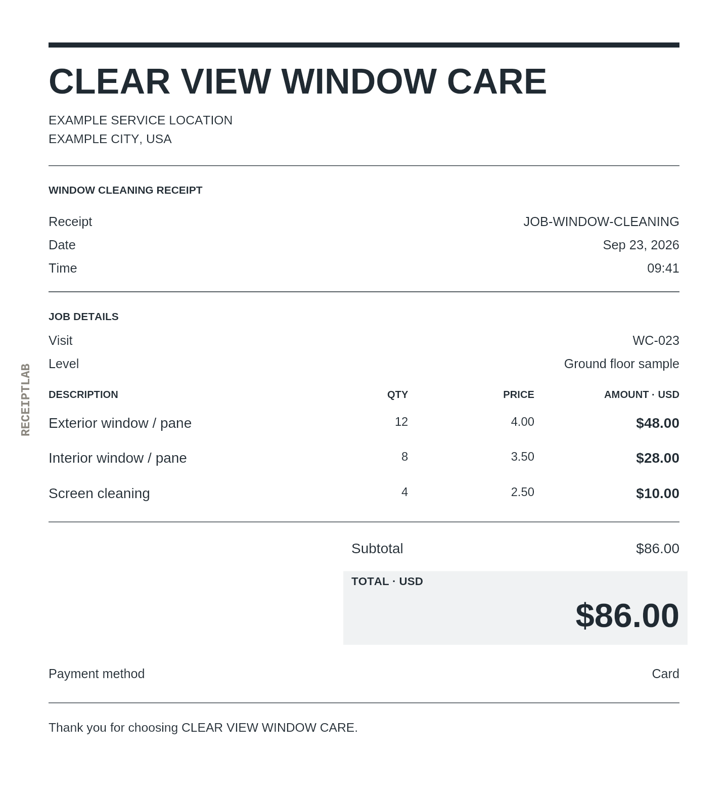 Window cleaning receipt template with itemized charges and calculated totals