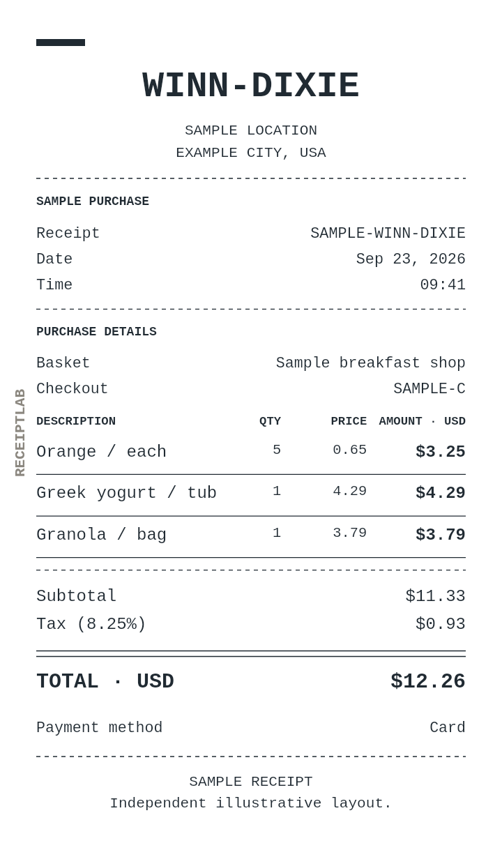 Winn-Dixie receipt template — sample example with itemized purchases and calculated totals