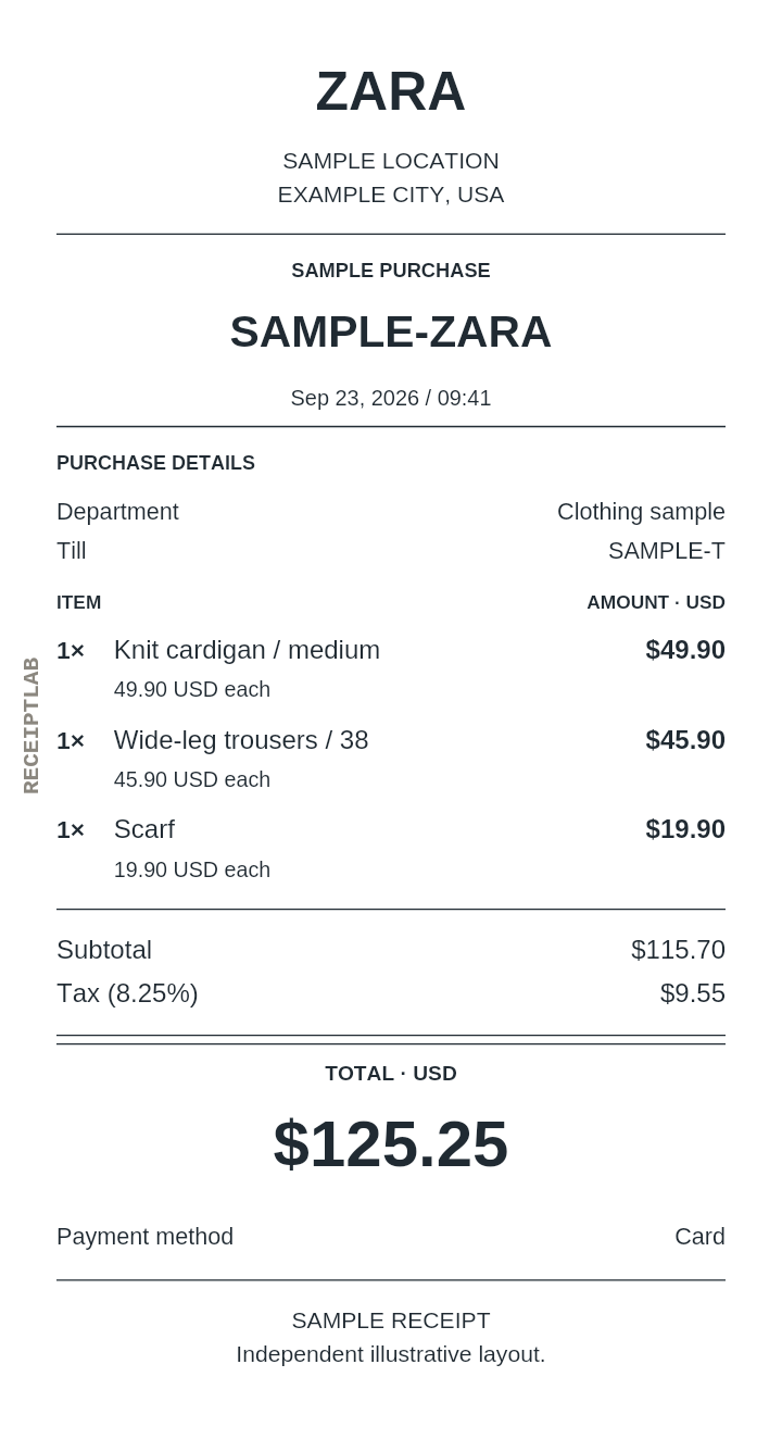 Zara receipt template — sample example with itemized purchases and calculated totals