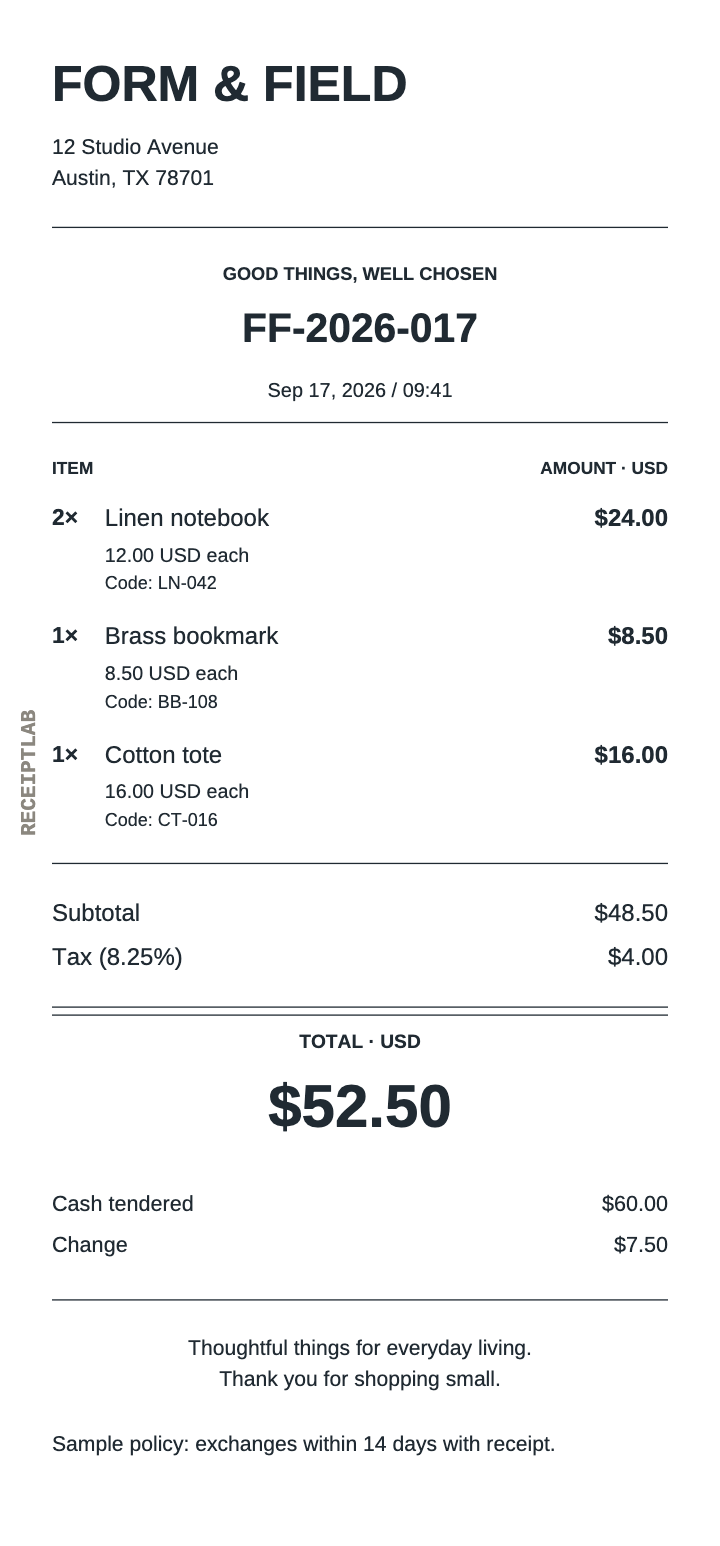 Cash receipt with a $52.50 total, $60.00 cash tendered and $7.50 change.