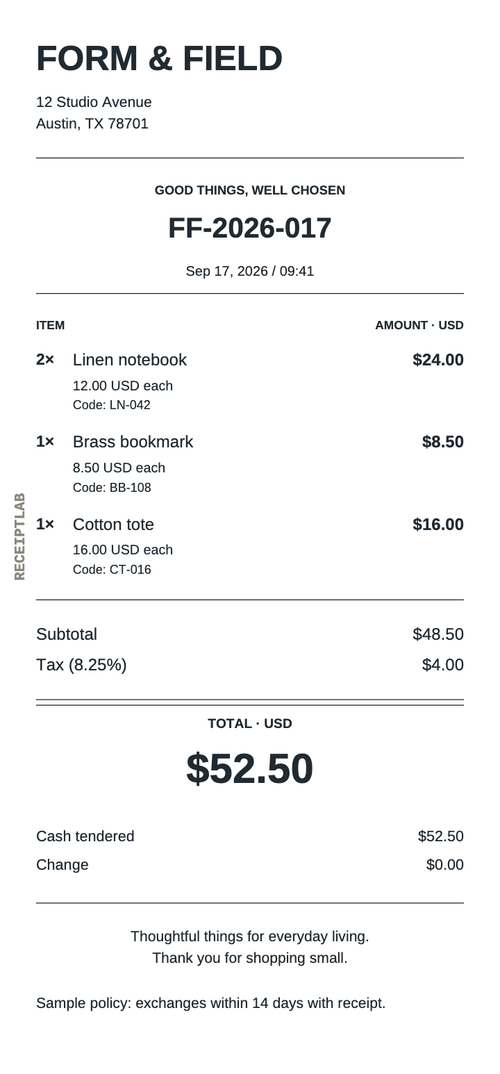 Cash receipt with a $52.50 total, $52.50 cash tendered and $0.00 change.