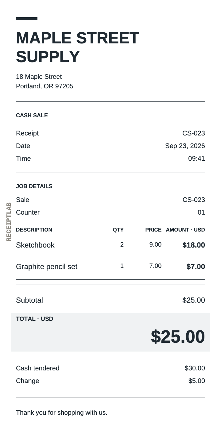 Cash receipt example with change