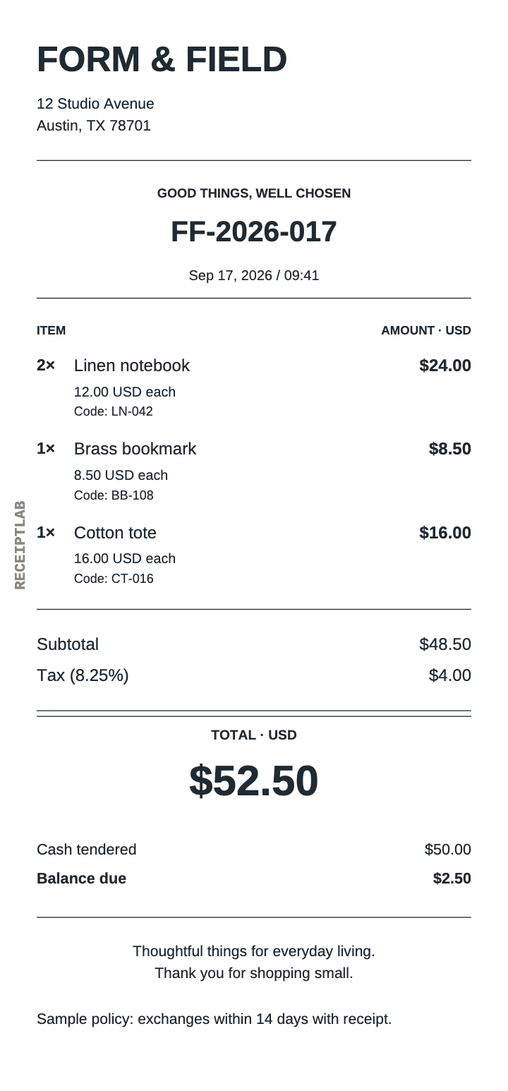Cash receipt with a $52.50 total, $50.00 cash tendered and a $2.50 balance due.