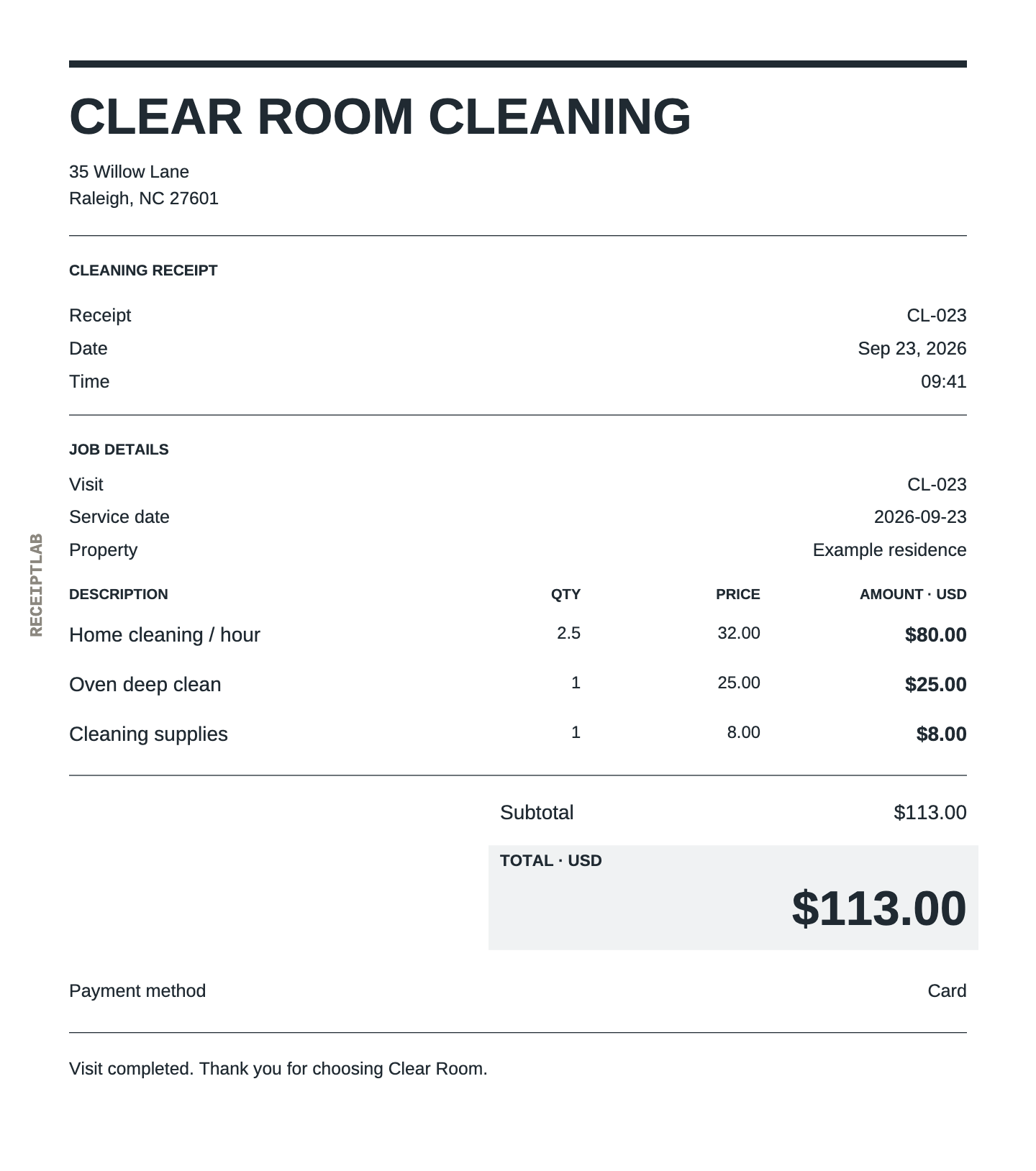 Cleaning receipt example for a home visit