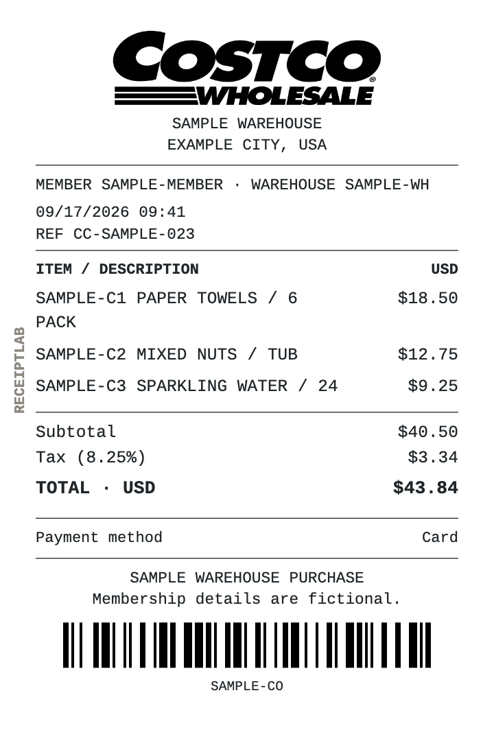 Costco-style bulk purchase receipt example