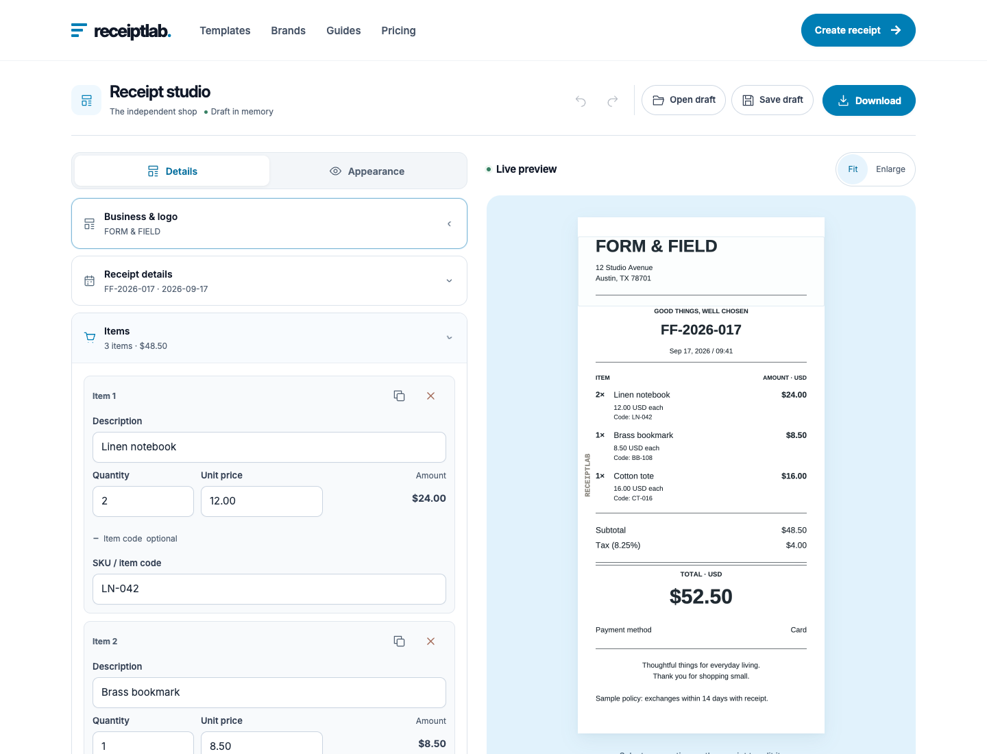 ReceiptLab Items controls with quantity 2 and unit price 12.00 for Linen notebook, alongside the matching $24.00 line in the receipt preview.