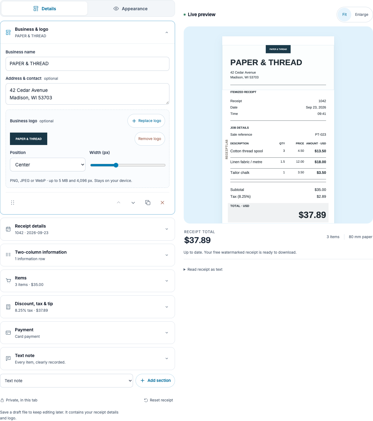 ReceiptLab Business and logo controls with an uploaded fictional logo