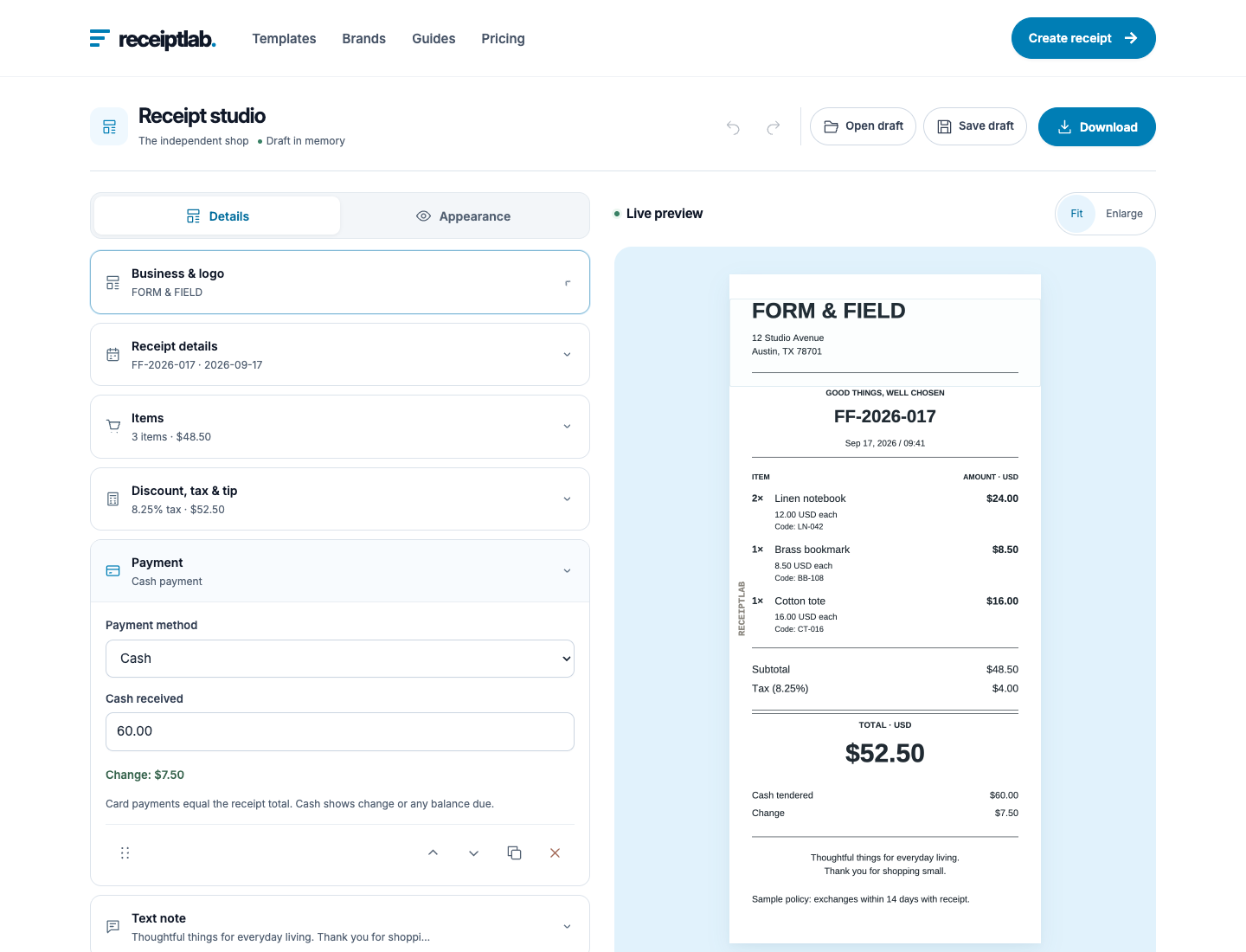 ReceiptLab Payment controls set to Cash with 60.00 received, showing $7.50 change beside the matching receipt preview.