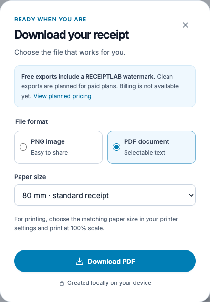 ReceiptLab download dialog with PDF document selected and the paper-size control