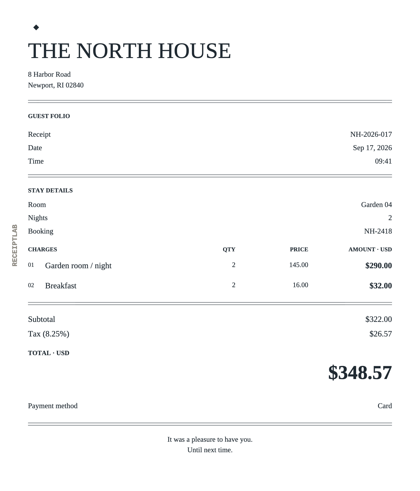 Hotel receipt template example with itemized purchases and calculated totals