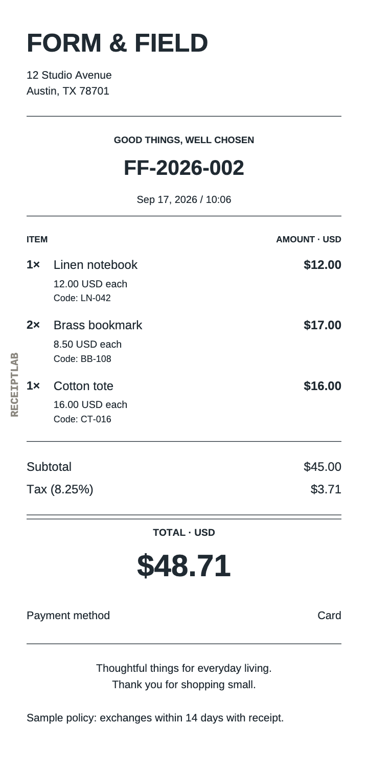 Receipt FF-2026-002 at 10:06 with a $48.71 total recorded as card payment.