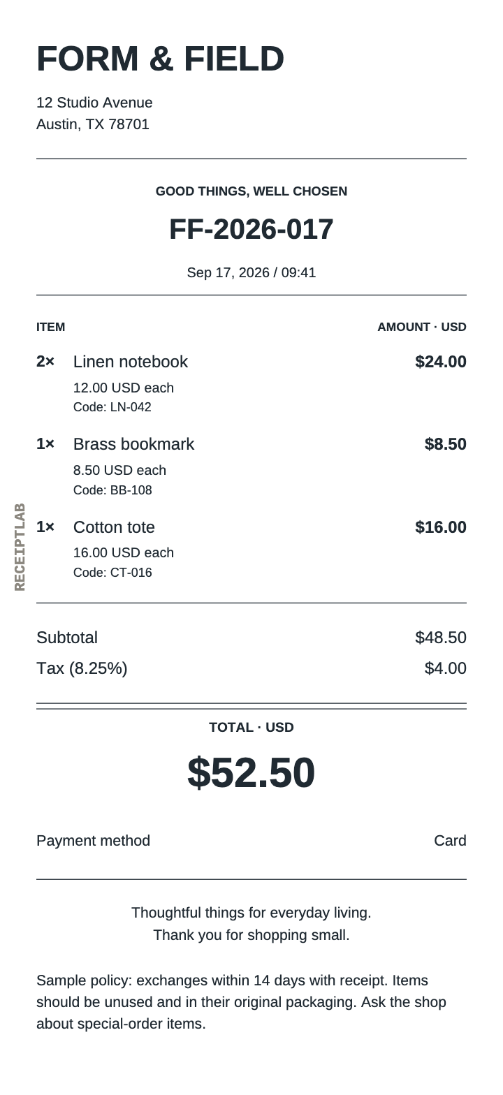 The same Form & Field sample at 80 mm width with the same $52.50 total and long note.